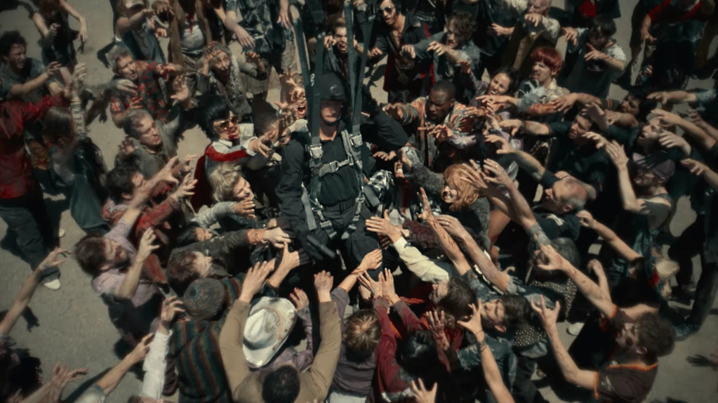 A paratrooper drops into mass of zombies 