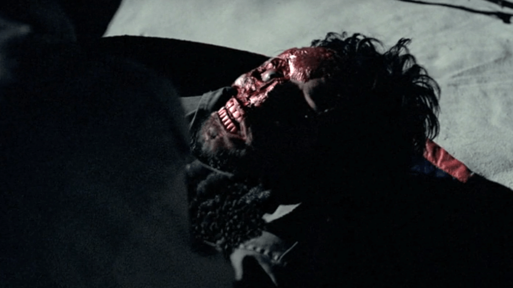 Consumed by black stuff in his sleeping bag!