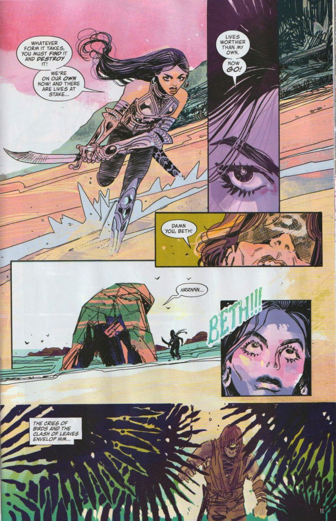 Beth confronts a rock-creature on the beach of an island...