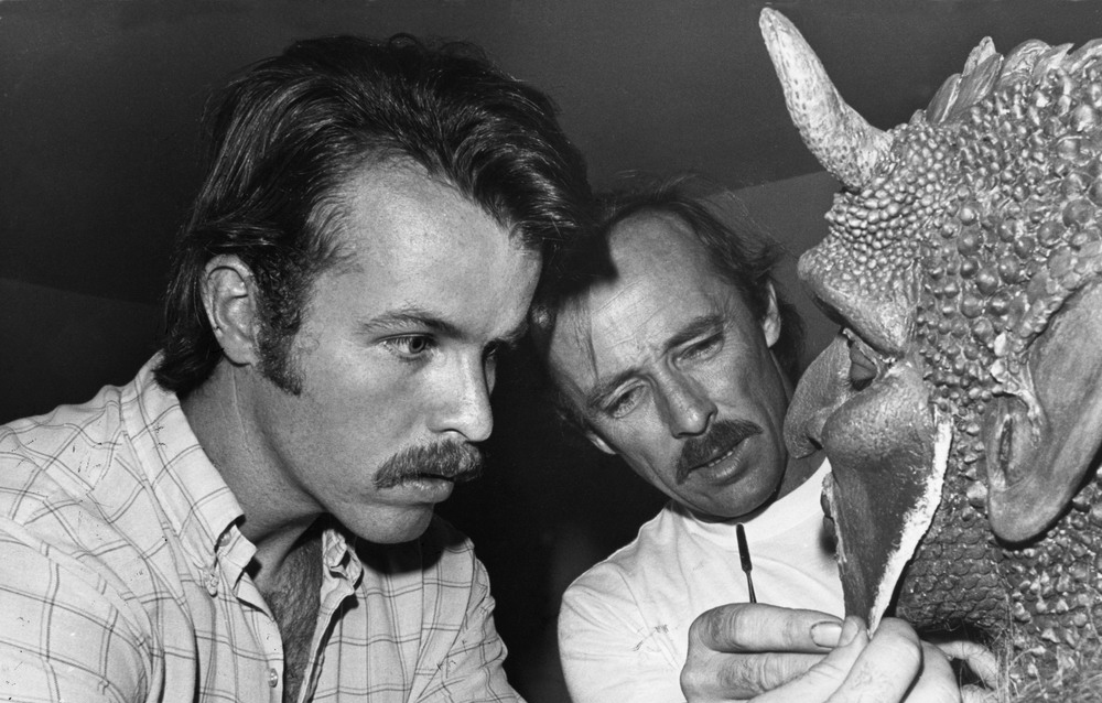 Jim Phillips (on the left) & Ellis Burman do an early makeup application of the lead gargoyle (played by Bernie Casey)
