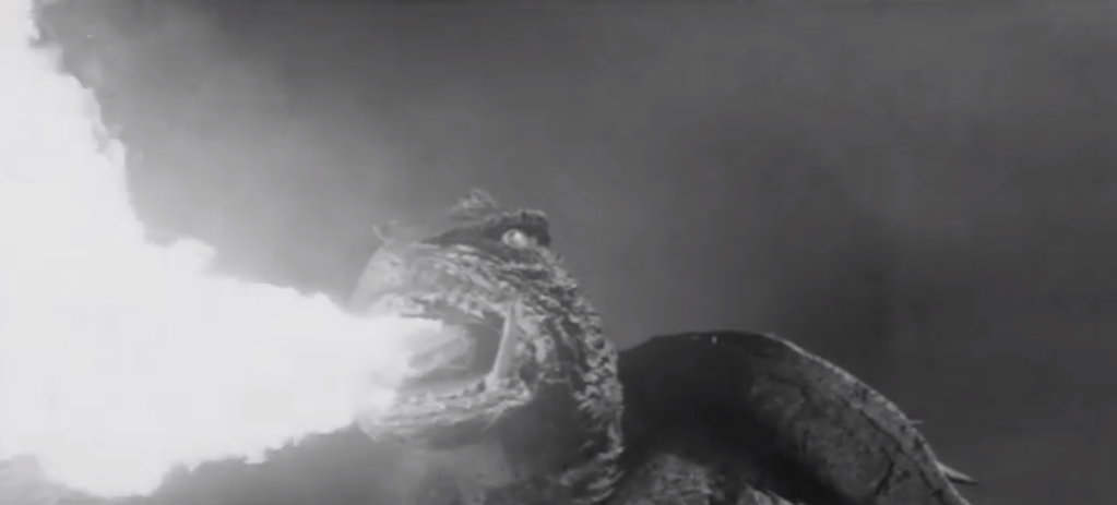 Gamera breathes in fire for sustenance