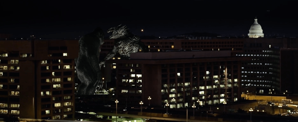 Long shot of the monsters in Washington