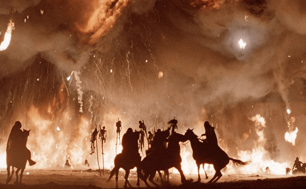 There's an impressive explosion when the oil-filled moat is ignited