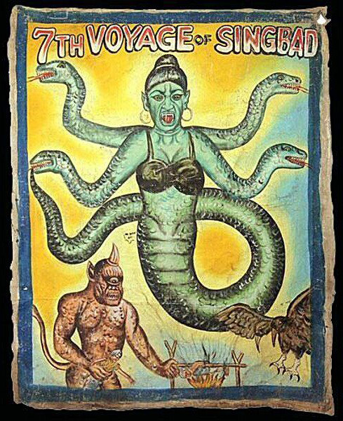 Ghanaian hand-painted poster: the artist gave the snake woman snake-headed hands!