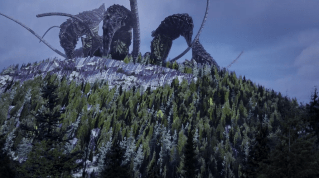 Huge, crab-like legs and tentacles emerge