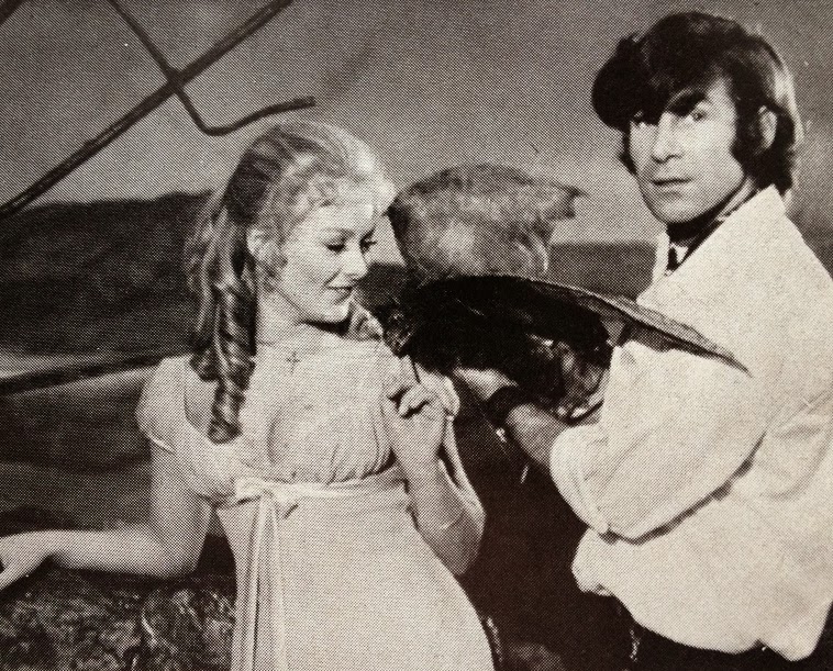Roger, Jenny Hanley and a bat on the SCARS OF DRACULA set