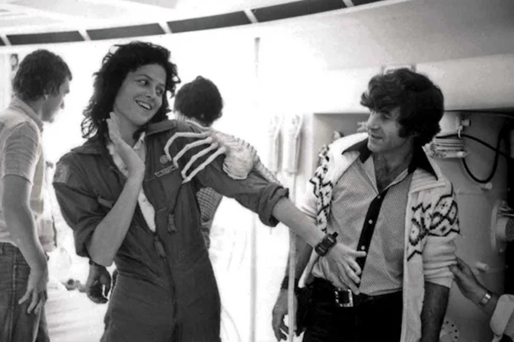 Sigourney and Roger on the ALIEN set