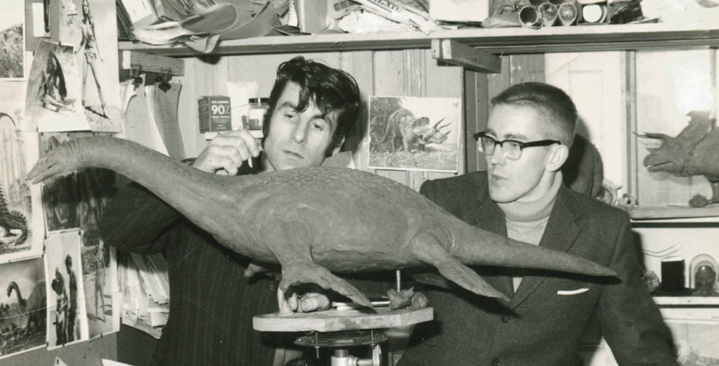 Roger Dicken (left) sculpts the Plesiosaur for WHEN DINOSAURS RULED THE EARTH, as stop-motion animator Jim Danforth looks on