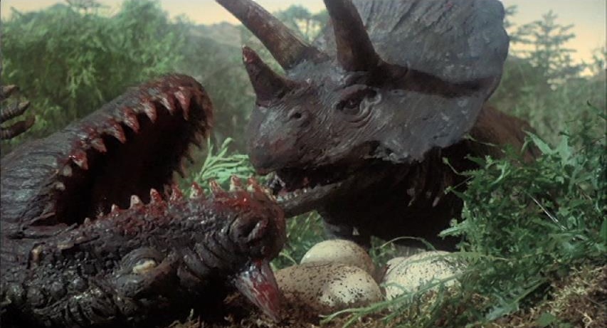 A Triceratops kills a Ceratosaurus to protect its eggs