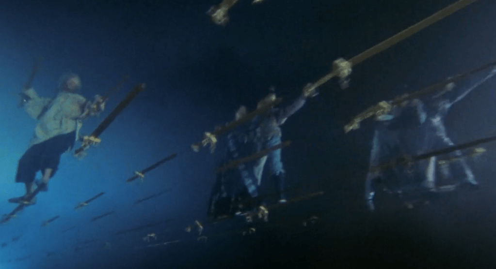 At one point characters zip along on flying swords