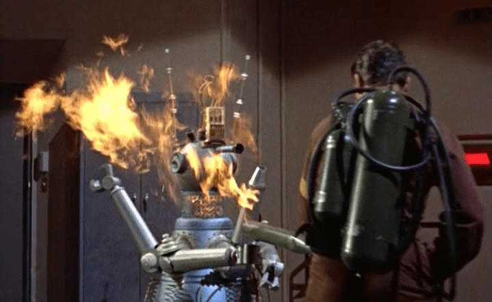 Flame thrower versus killer robot!