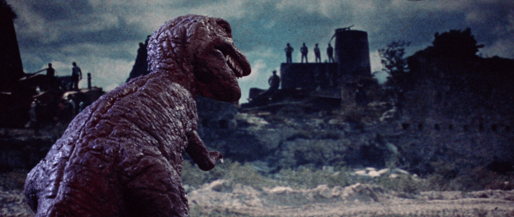 In Dinosaurus! the Tyrannosaurus (stop-motion puppet) approaches an old fort, where the islanders are hiding out 