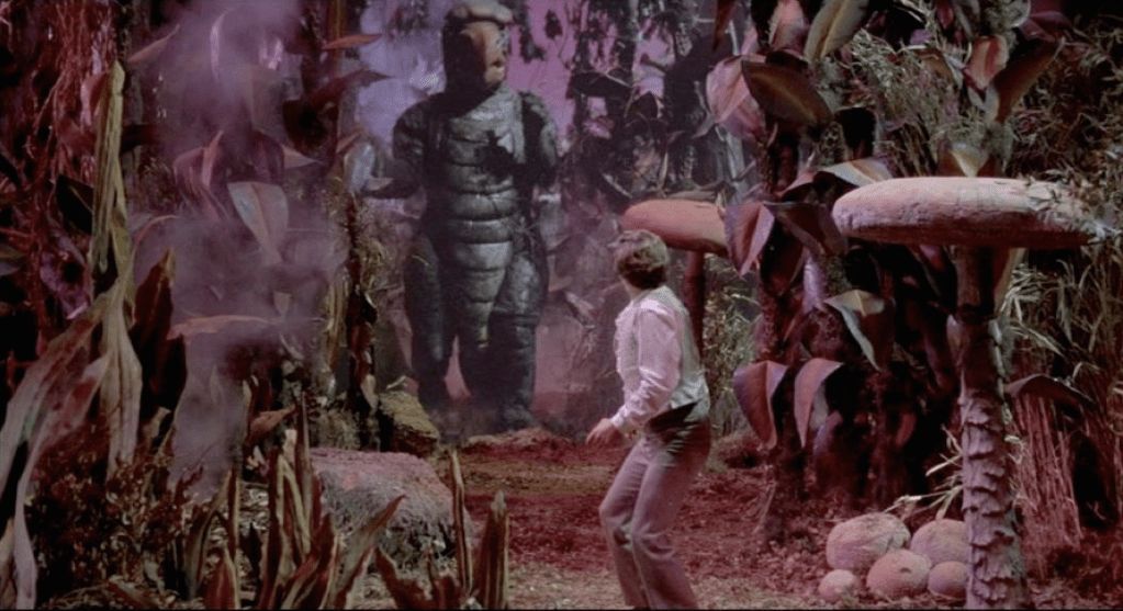 A beaky monster and giant mushrooms!