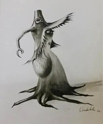 This concept for the alien creature makes it resemble a surreal tree stump