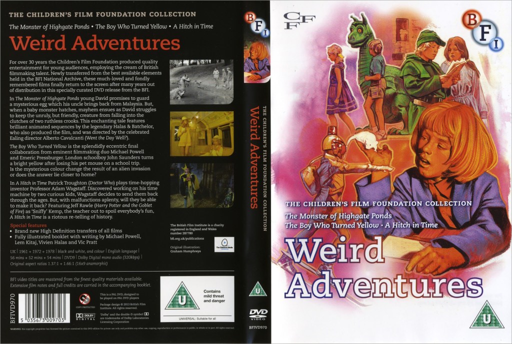 DVD sleeve for Weird Adventures, which includes the Children's Film Foundation productions The Monster of Highgate Ponds, The Boy Who Turned Yellow and A Hitch in Time  