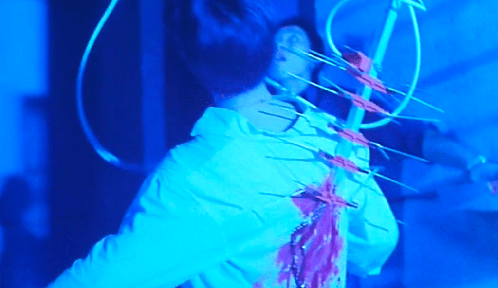 One of Mr Chin's hired goons gets skewered on a TV aerial