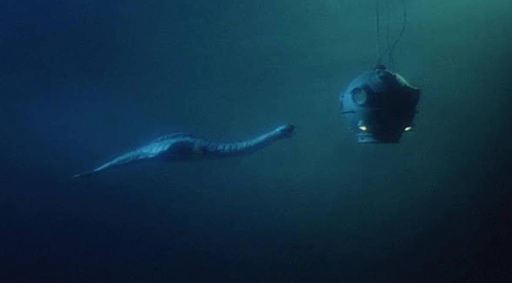 The eel-like plesiosaur creature is far less effective seen in long shot...