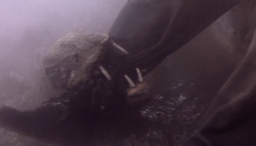 Toothy critter latches onto a character's leg