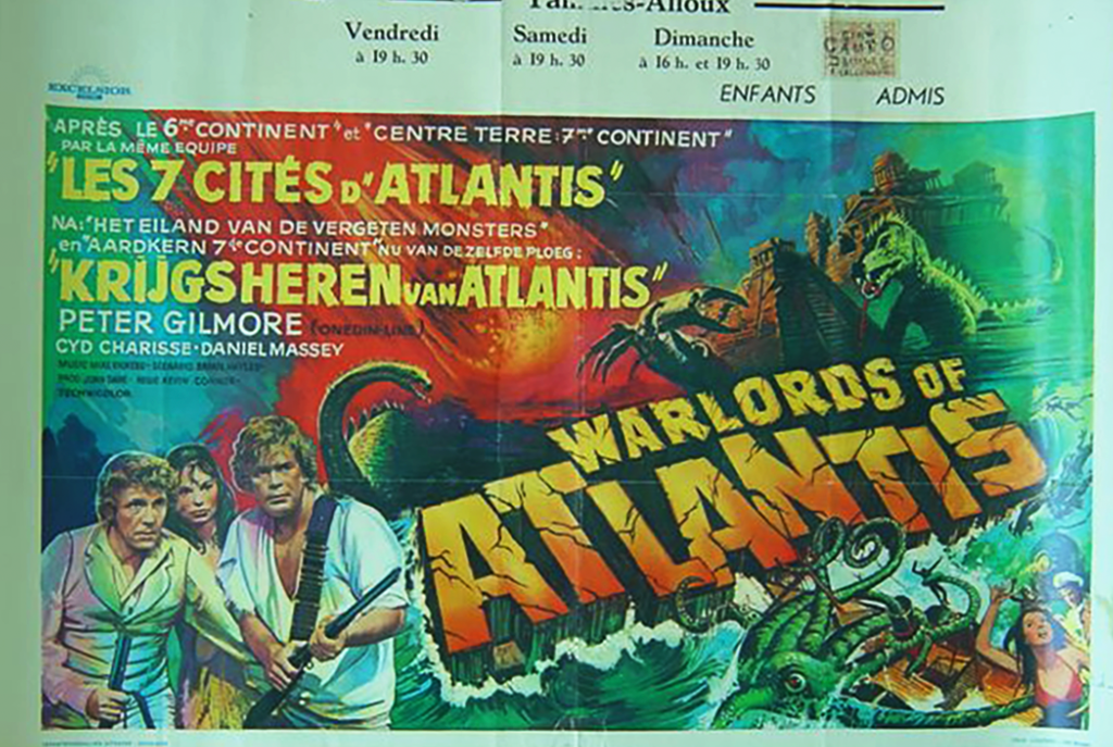 Belgian poster... featuring a giant crab, a spike-backed sauropod, the Beast from 20,000 Fathoms... and an Aztec temple!