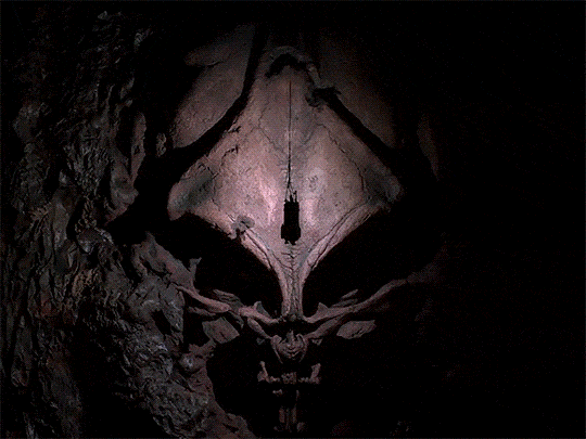 The capsule is lowered into the depths, passing many striking images, such as this giant skull