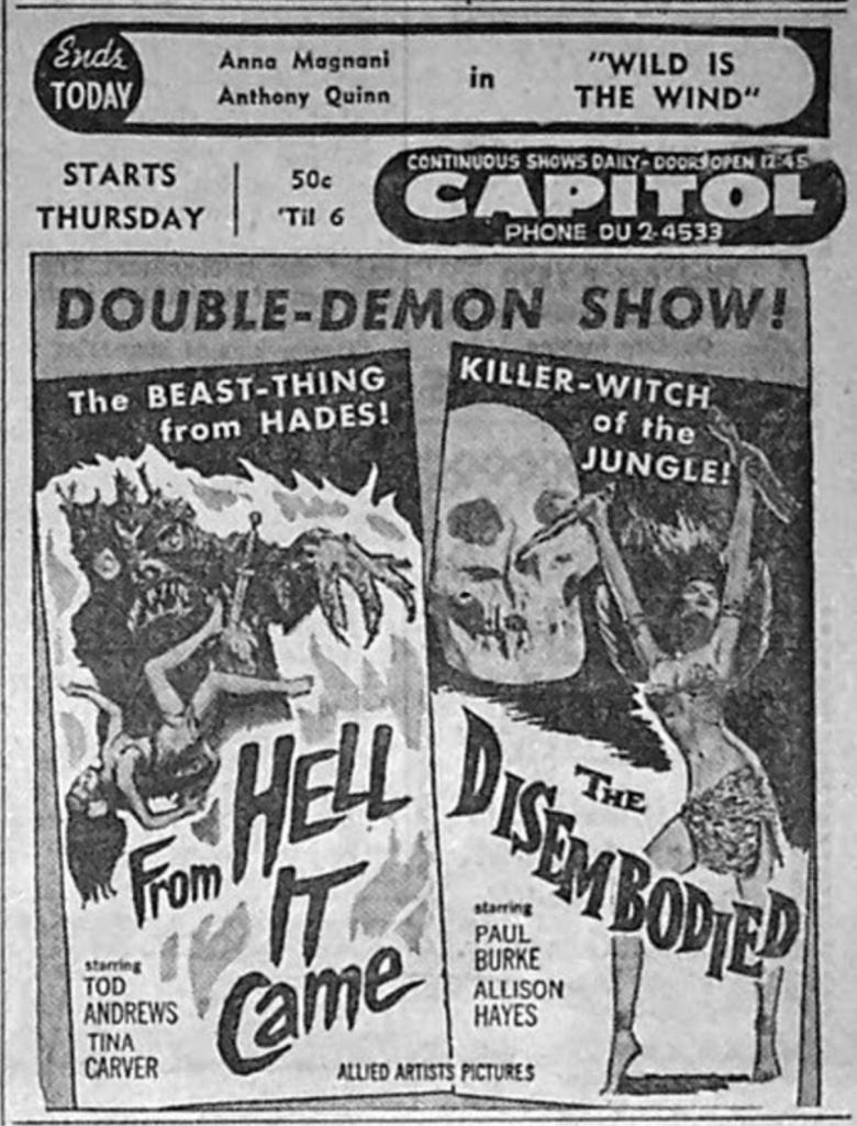 From Hell It Came was released by Allied Artists on a double bill with The Disembodied
