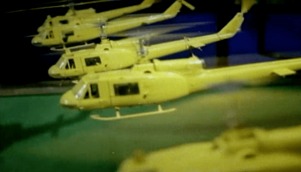 Close-up of the yellow helicopters