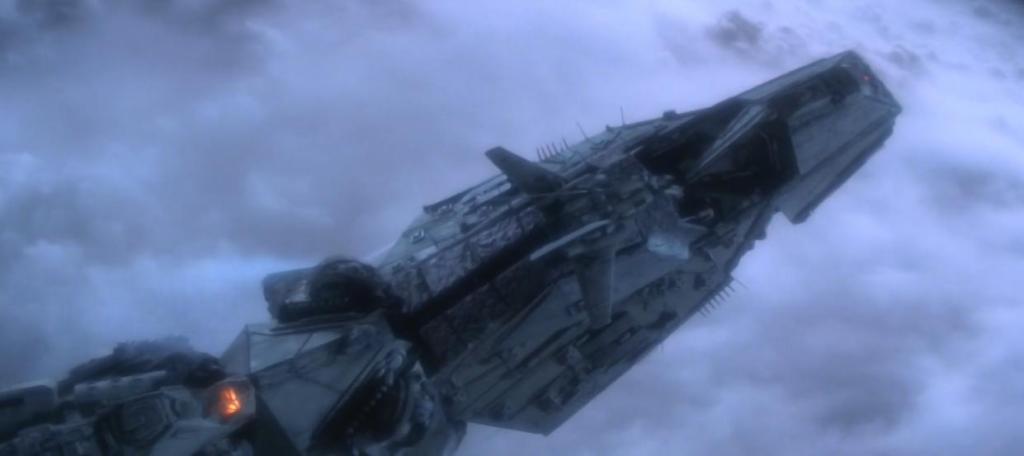 A space vessel, with a dragon-shaped head, takes to the sky