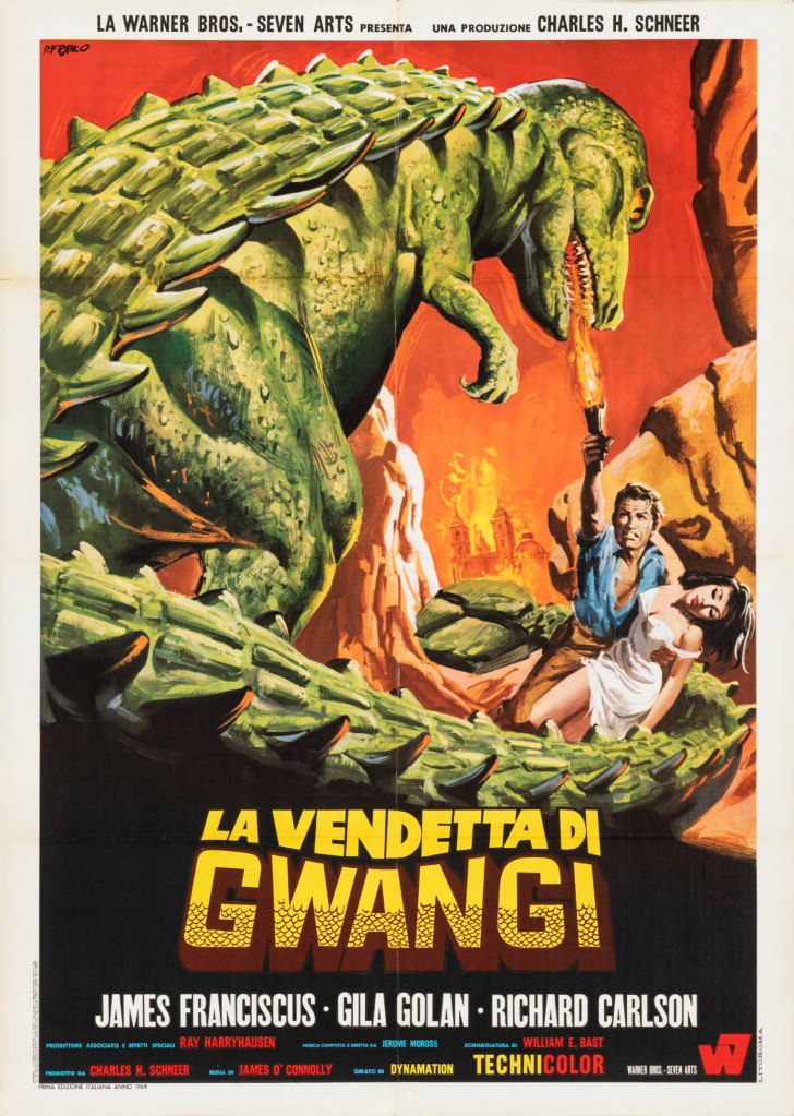 Italian poster. This one actually doesn't use Frank McCarthy's dinosaur illustration: it features a spike-backed carnosaur (cribbed from a comic book)