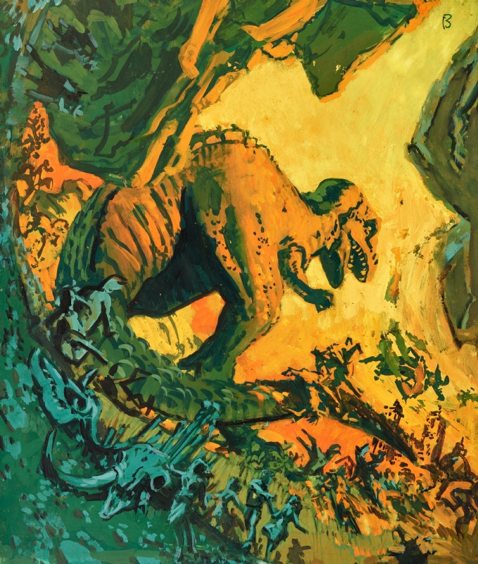 This Frank McCarthy preliminary artwork explores showing Gwangi from a reverse angle