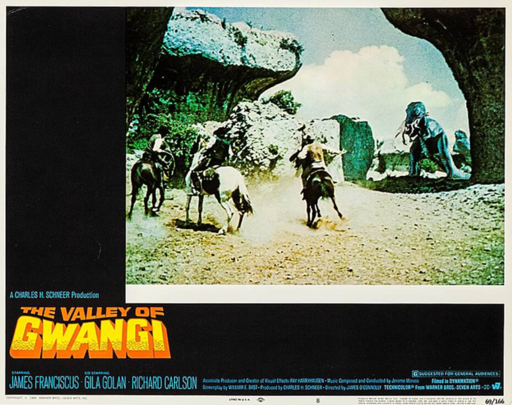 Lobby card. Gwangi gobbles up an Ornithomimus!