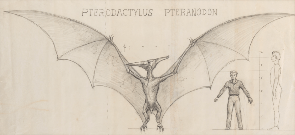 Rays's hand-drawn scale concept for the Pteranodon features Ray's signature bat-like wing design