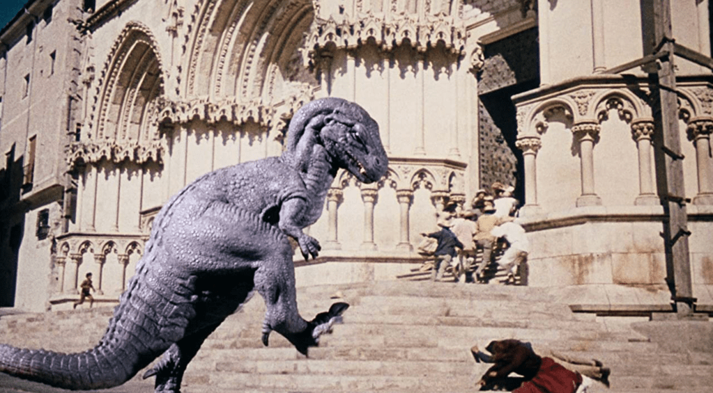 Gwangi on the rampage, reaches the big cathedral...