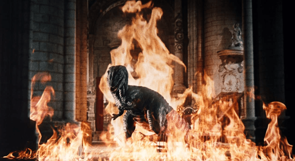 ...and eventually Gwangi is burnt to death, as the cathedral catches fire and starts to collapse