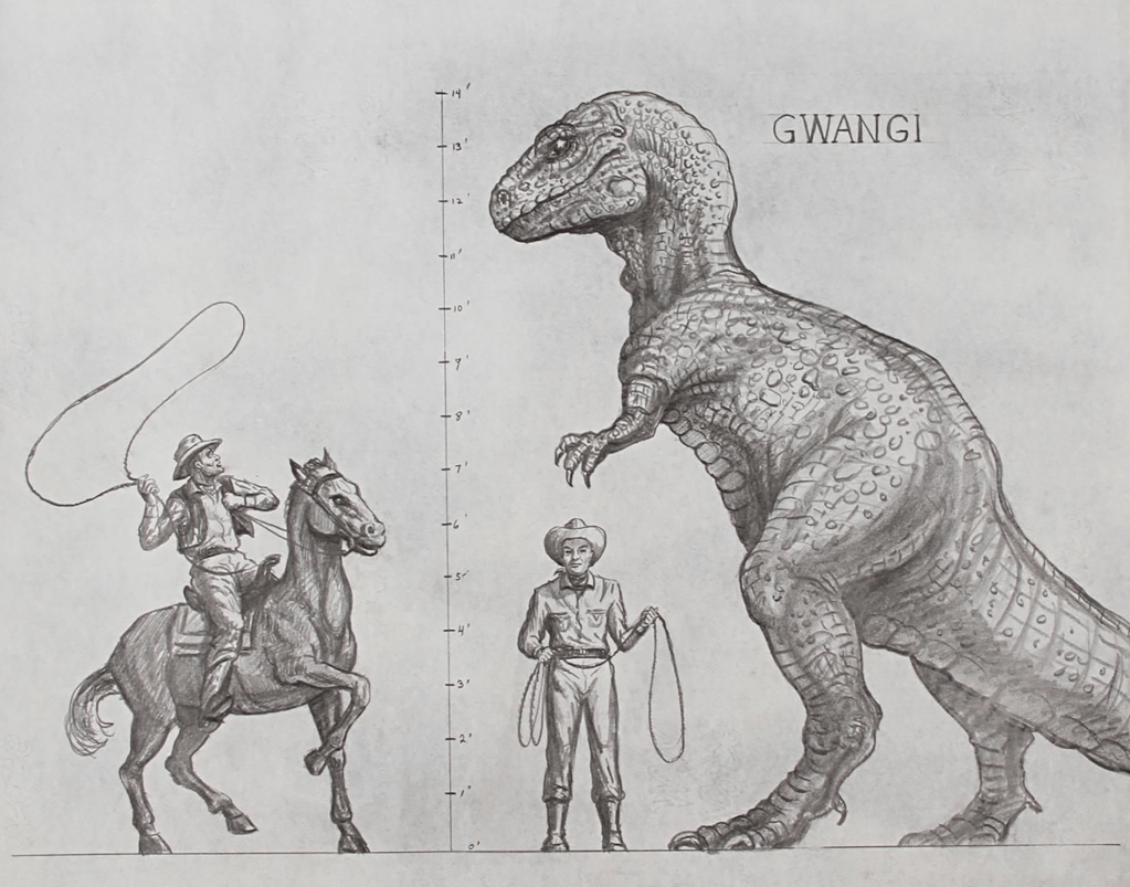 Rays concept drawing for Gwangi, with cowboys and a horse shown  for scale
