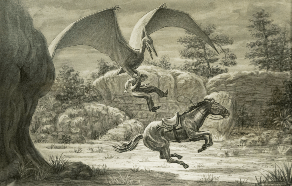 In Ray's concept drawing for the pteranodon attack he drew it with accurate-looking pterosaur wings. In the movie his stop-motion model had Ray's stylised bat-like wings.