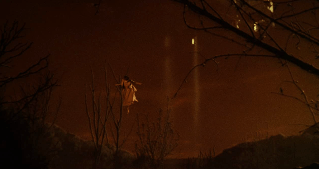 A woman is levitated towards a spacecraft...