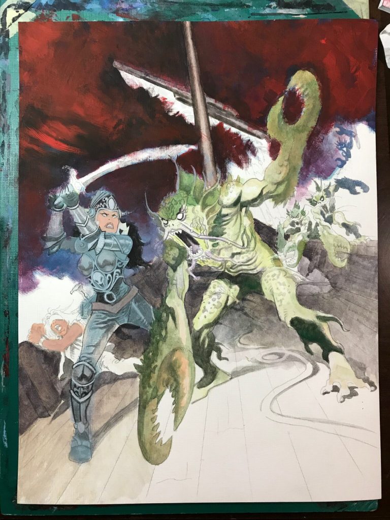 The acrylic on canvas paper painting continues: as you can see, the artist decides to make the sky dark red