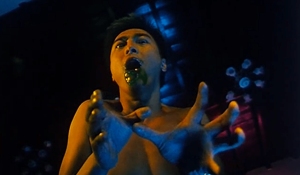 Green gunk dribbles from Dr Harry's mouth as he has sex...