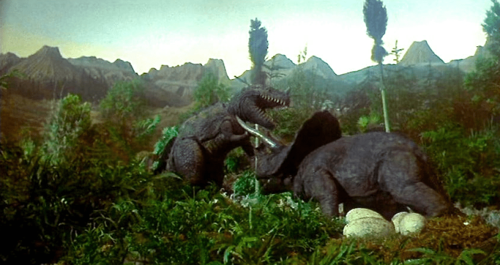 A brief battle between a Ceratosaurus and a Triceratops