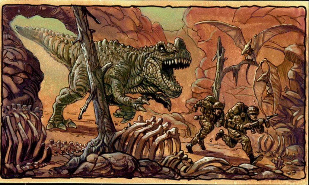 Soldiers chased by a hungry carnosaur!