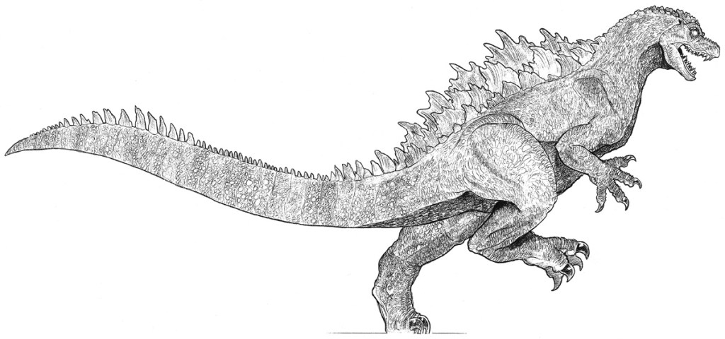 A running Godzilla, drawn by Ricardo Delgado