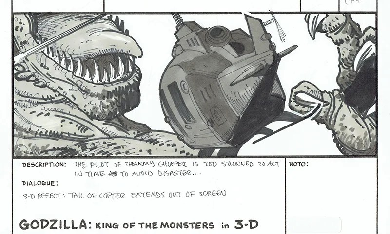 William Stout storyboard panel - this helicopter is getting too close!