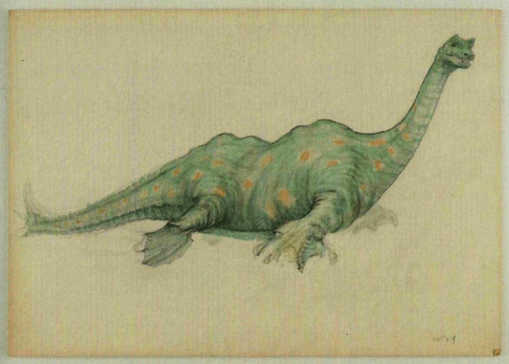 Here Nessie is depicted as a bumpy-backed, finned beast that is coloured green with orange spots