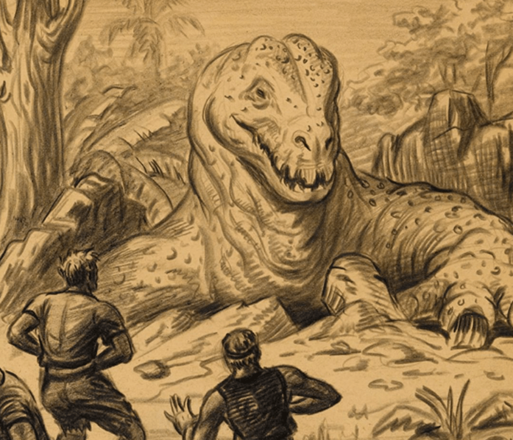 Ray Harryhausen's concept shows a huge lizard-creature emerging from the ground