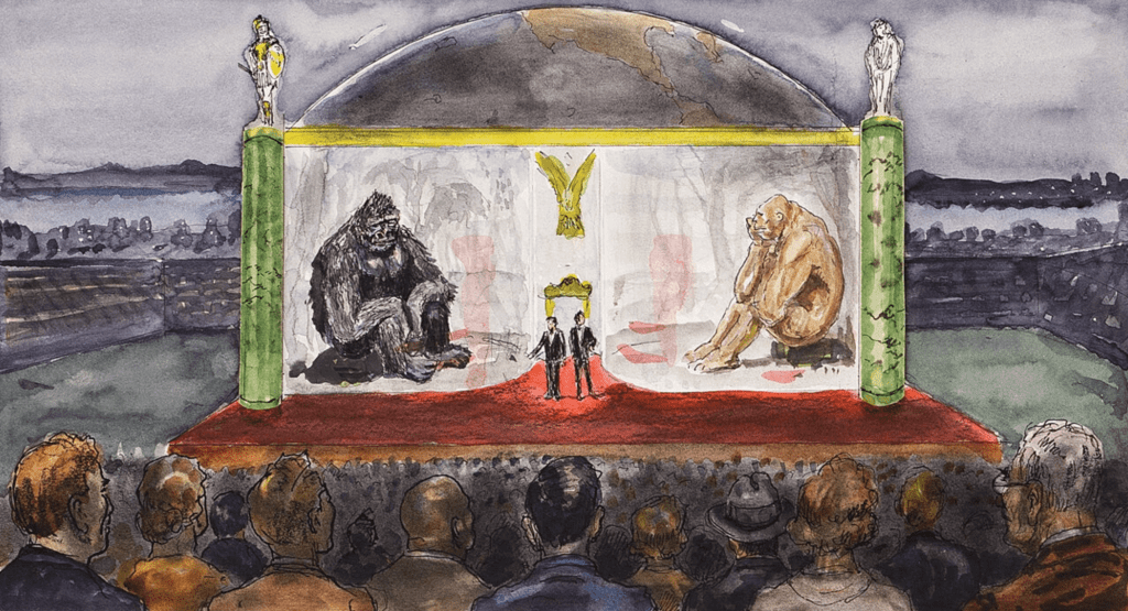 The concept art depicts a huge arena with the audience staring at a stage with King Kong and Frankenstein's Monster on display