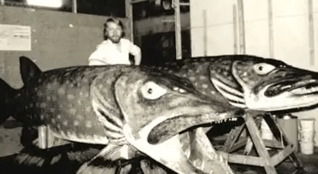 Large fish models built for THE PIKE, which would have starred Joan Collins. Due to technical difficulties and lack of funding the movie floundered and died