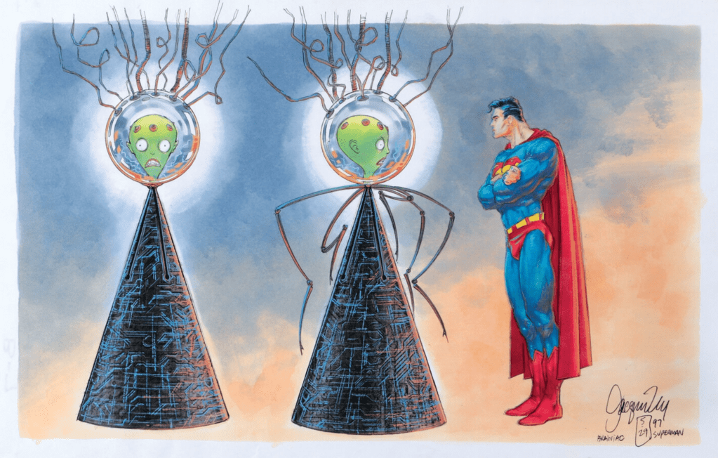 Superman and some Burton-style oddness: the head-on-a-cone is actually a concept for villain Brainiac