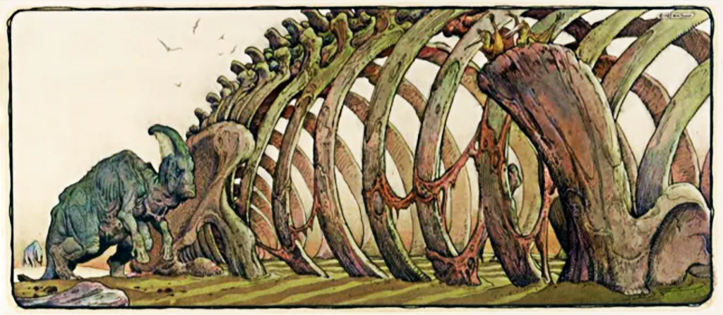 Stout's concept art showing one of the main dinosaur characters: a gruff old parasaurolophus