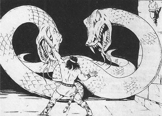 Concept sketch showing Thongor confronted by giant serpents