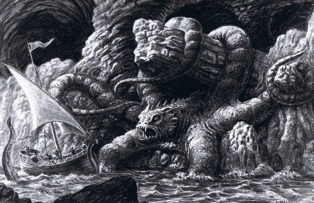 Octo-reptile creature Charybdis clings to the rocks in this awesome drawing!